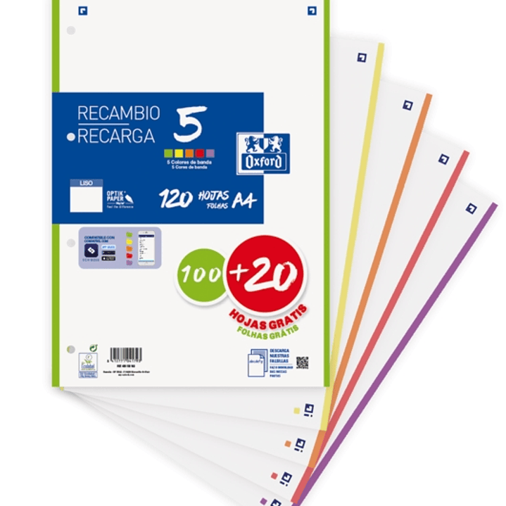 Oxford School Pack de 5 A4 Recambio - Liso - Promocion 100+20 Hojas - Colores Surtidos 1