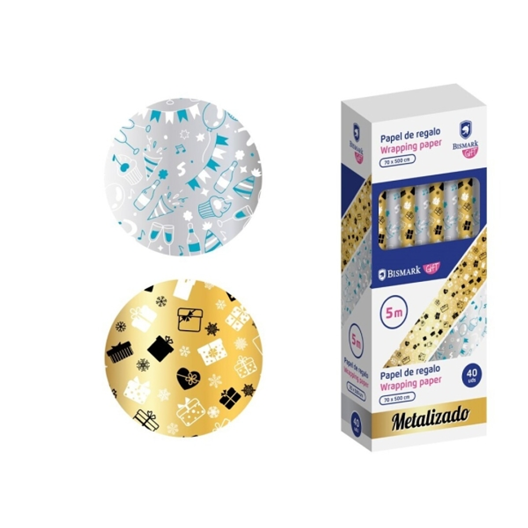 Bismark Metalizado Rollo de Papel Regalo - Medidas 70cmx500cm - 2 Diseños Diferentes 1