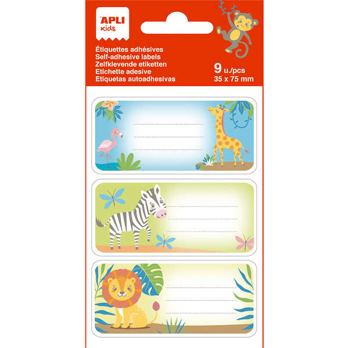 Apli Etiquetas Adhesivas Escolares Savana - Tamaño 81x36mm - Adhesivo Permanente de Alta Calidad - 3 Hojas con 9 Etiquetas (3 por Diseño) - Ideal para 1