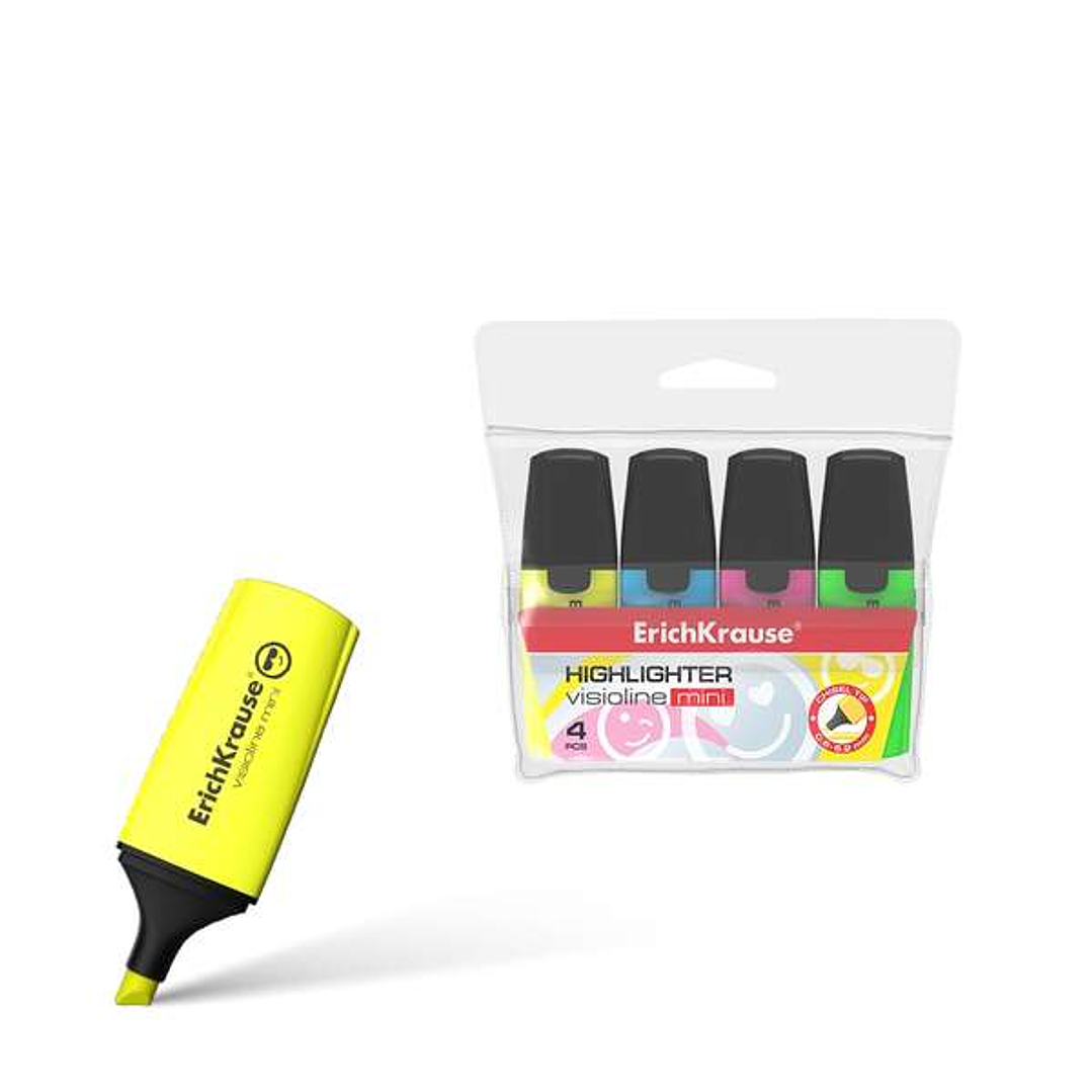 Erichkrause Visioline Mini Pack de 4 Marcadores - Miniformato con Divertidos Emoticonos - Colores: Amarillo, Verde, Azul, Rosa - Fluorescente 1