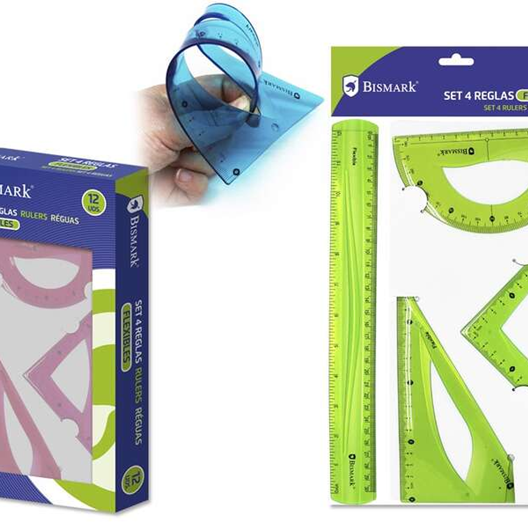 Bismark Pack de 4 Reglas Flexibles - Regla Recta - Transportador - Escuadra - Cartabon - Colores Surtidos 1