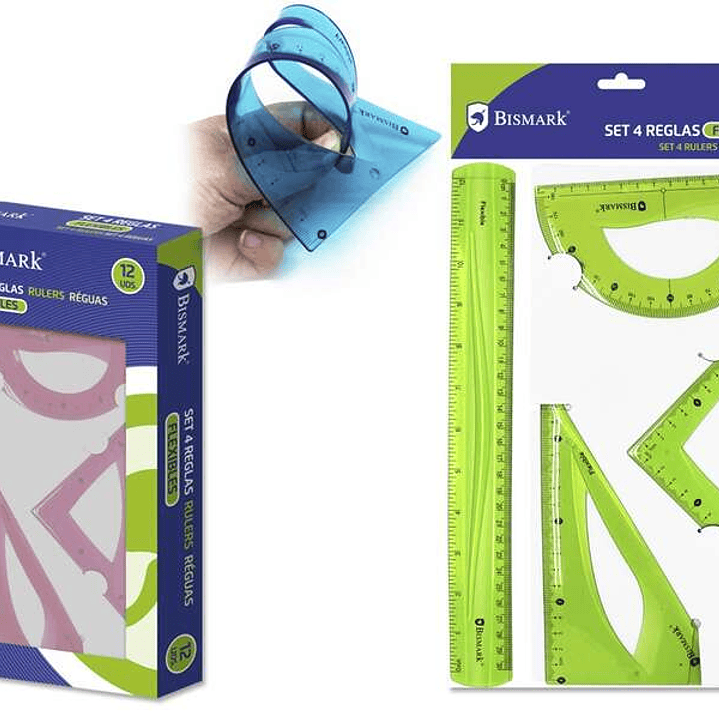Bismark Pack de 4 Reglas Flexibles - Regla Recta - Transportador - Escuadra - Cartabon - Colores Surtidos 1