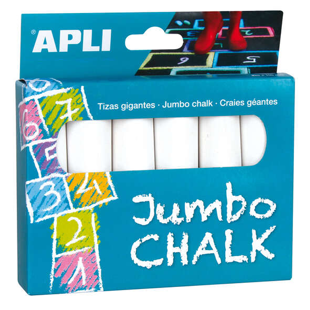 Apli Pack de 6 Tizas Redondas Jumbo - Tamaño Ø 25 x 105mm - Sulfato de Calcio Bajo en Residuo - Aptas para Uso Escolar - Color Blanco 1