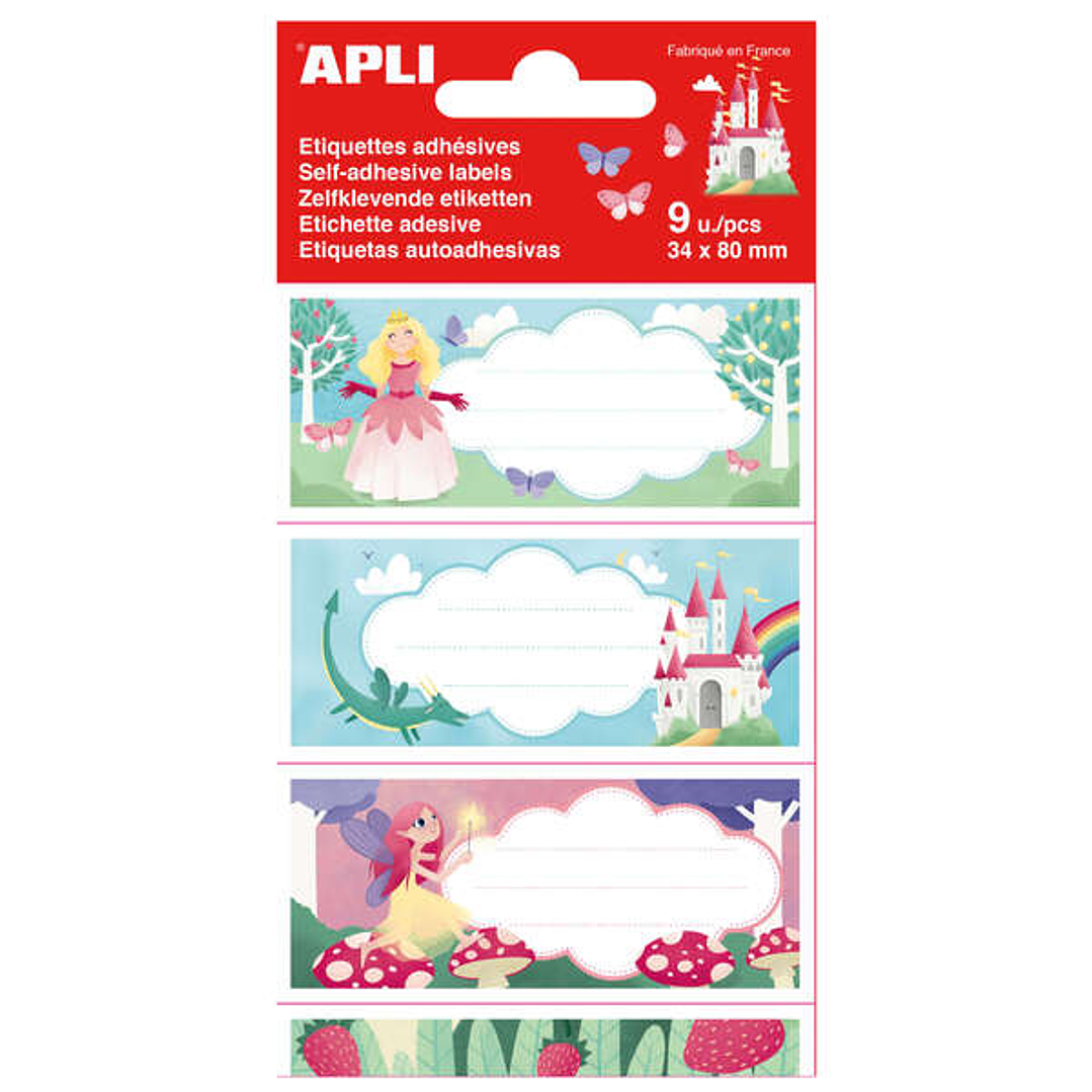 Apli Etiquetas Adhesivas Escolares Princesas - Tamaño 81x36mm - 9 Etiquetas en 3 Hojas - Adhesivo Permanente de Alta Calidad - Diseño Princesas - Colo 1