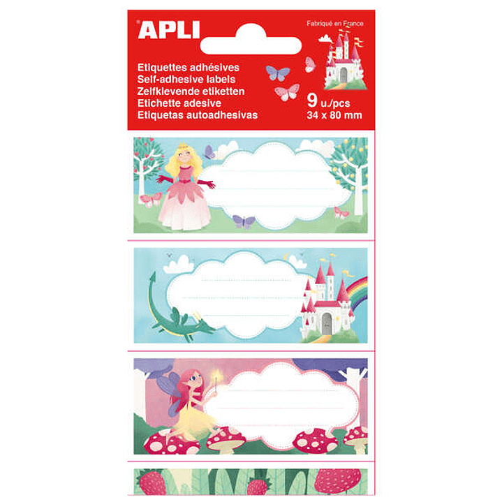 Apli Etiquetas Adhesivas Escolares Princesas - Tamaño 81x36mm - 9 Etiquetas en 3 Hojas - Adhesivo Permanente de Alta Calidad - Diseño Princesas - Colo 1