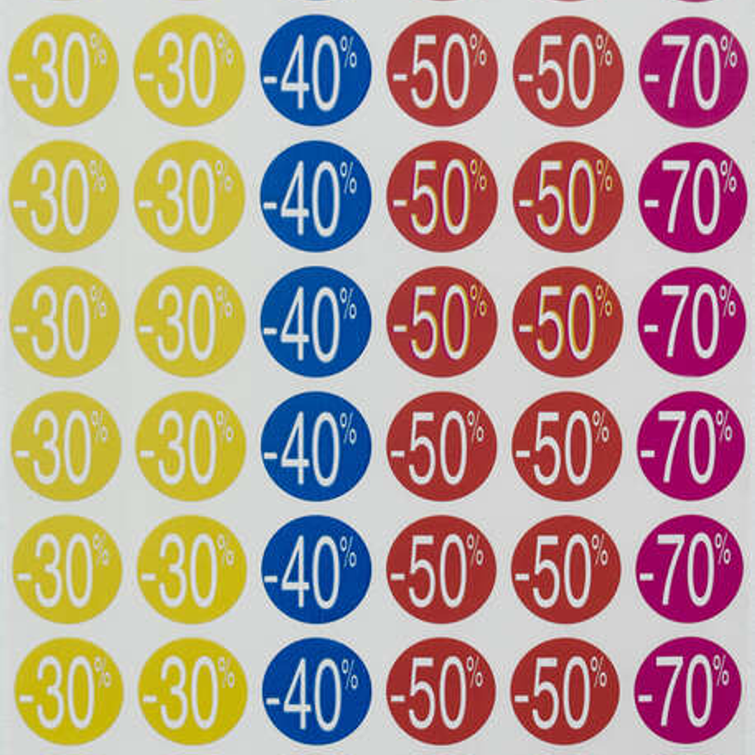 Apli Pack de 240 Etiquetas de Descuento -30%, -40%, -50%, -70% - Tamaño Ø 24mm - Forma Redonda - Colores Amarillo, Azul, Rojo y Fucsia 1