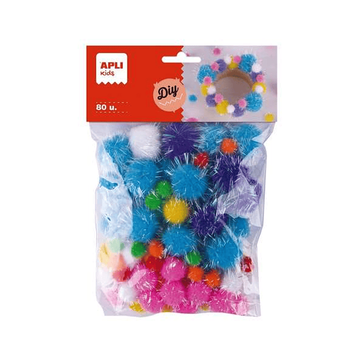 Apli Kids Bolsa de 80 Pompones Glitter - Tamaños 10mm, 20mm, 25mm - Colores Surtidos 1