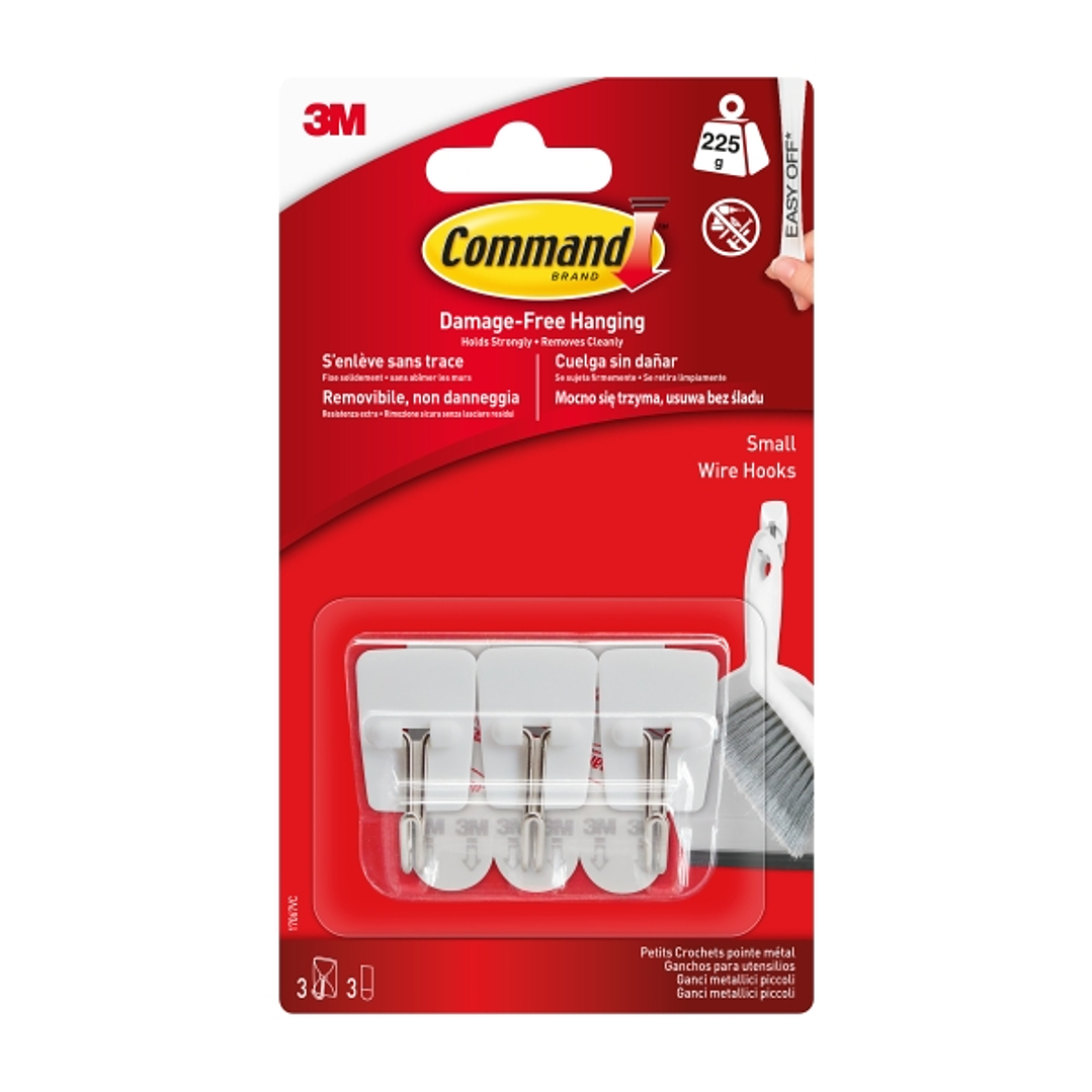 Command Pack de 3 Ganchos Compactos - Punta de Alambre - 3 Tiras Adhesivas - Soporta hasta 225G - Talla S - Color Blanco 1