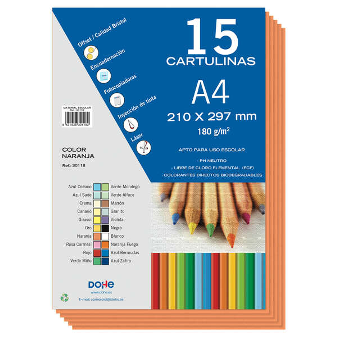 Dohe Pack de 15 Cartulinas A4 de 180gr - Con PH Neutro - Libres de Cloro Elemental - Color Naranja 1