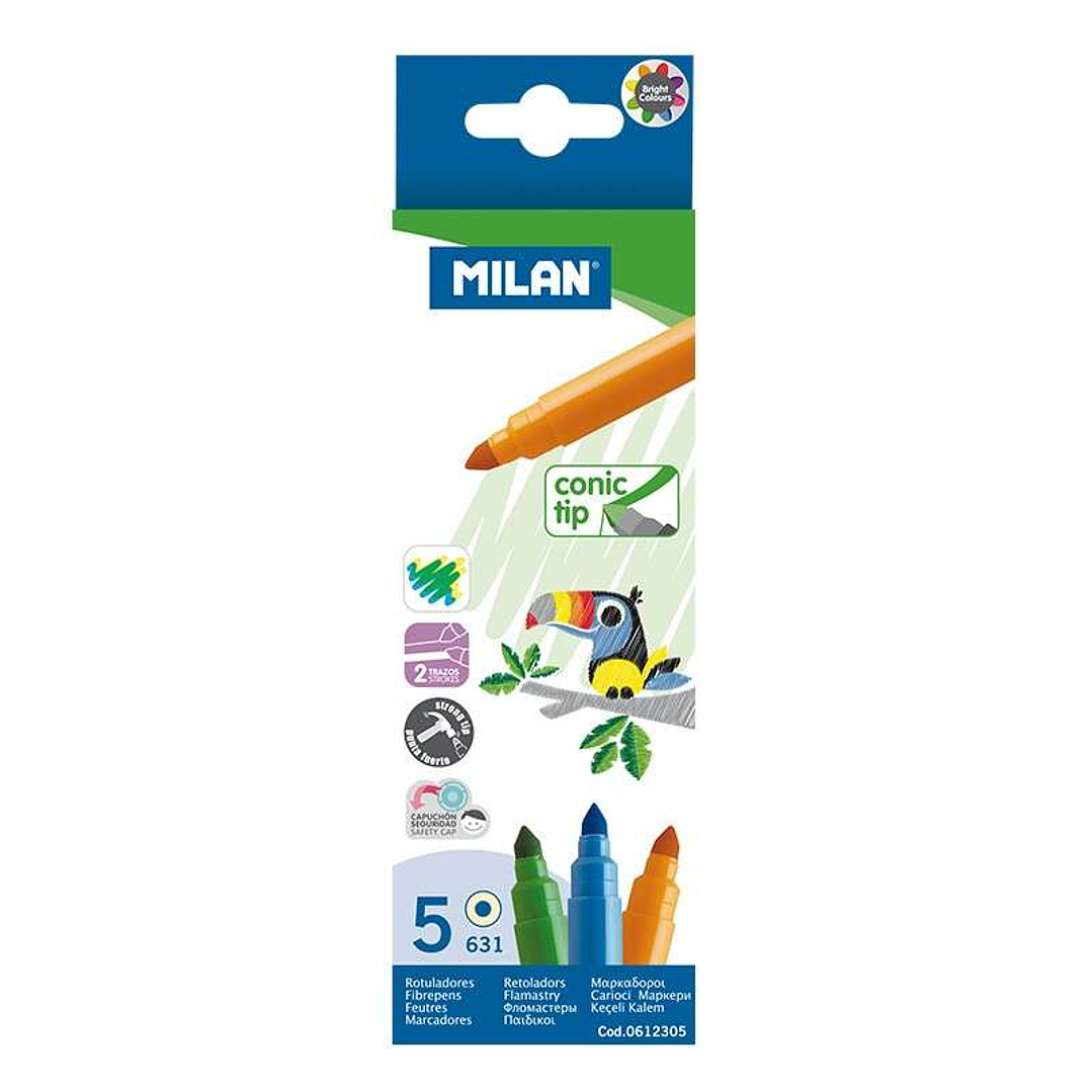 Milan Pack de 5 Rotuladores - Punta Conica 5mm - Tinta al Agua - Lavable - Colores Surtidos 1