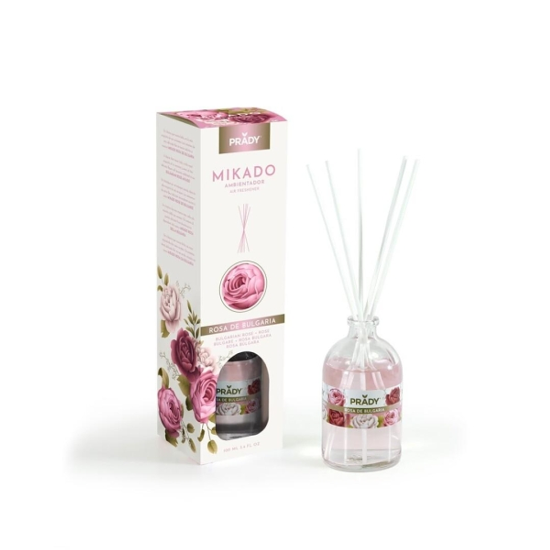 Prady Ambientador Mikado Rosa de Bulgaria - Frasco de Cristal 100 ml y Varitas Difusoras 1