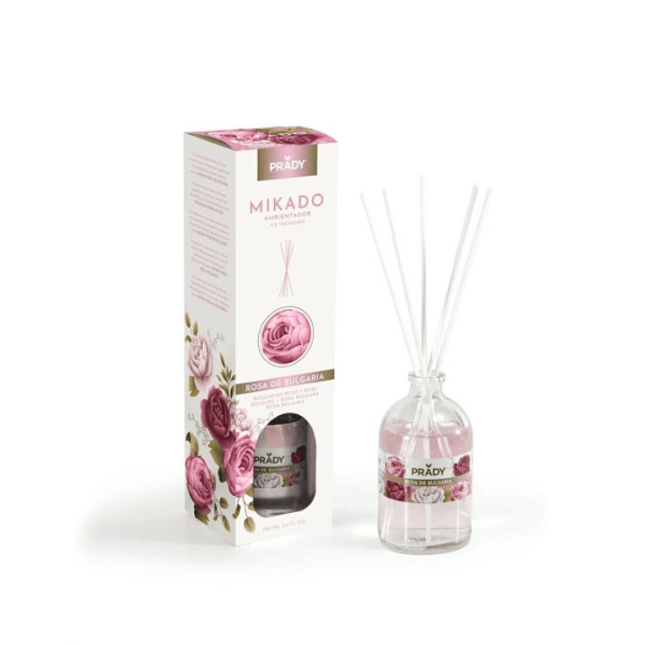 Prady Ambientador Mikado Rosa de Bulgaria - Frasco de Cristal 100 ml y Varitas Difusoras 1