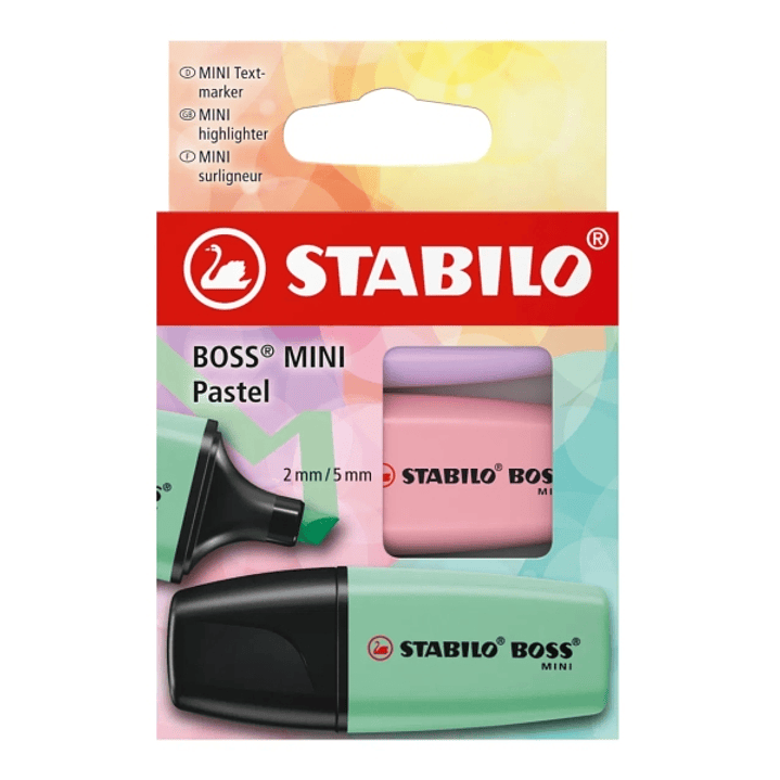 Stabilo Boss Mini Pastel Pack de 3 Marcadores Fluorescentes - Trazo entre 2 y 5mm - Tinta con Base de Agua - Antisecado - Colores Verde, Rosa y Violet 1