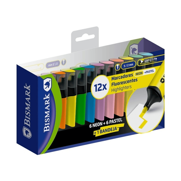 Bismark Long-Life Pack de 12 Marcadores Fluorescentes - Punta Biselada 2 - 5mm Aprox - Tinta Base de Agua - Larga Duracion - Colores Neon y Pastel Sur 1