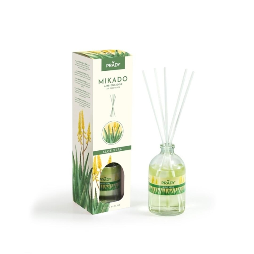 Prady Ambientador Mikado Aloe Vera - Frasco de Cristal 100 ml y Varitas Difusoras 1