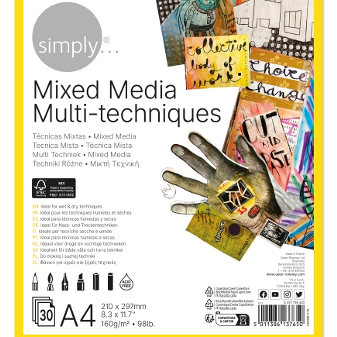 Daler Rowney Simply Bloc Encolado Mix Media - A4 - 160g - 30 Hojas - Color Blanco 1