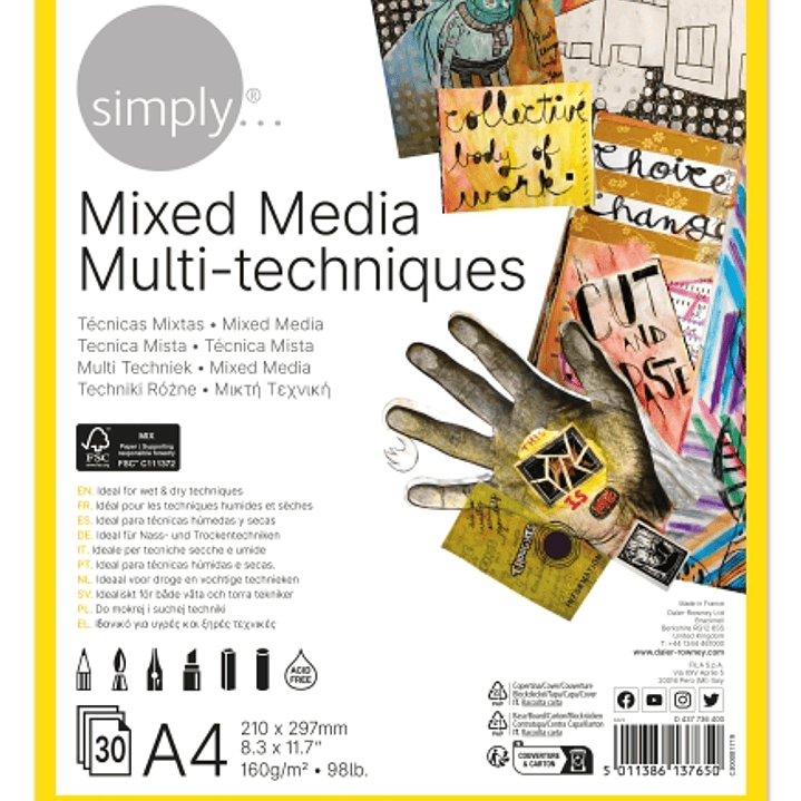 Daler Rowney Simply Bloc Encolado Mix Media - A4 - 160g - 30 Hojas - Color Blanco 1