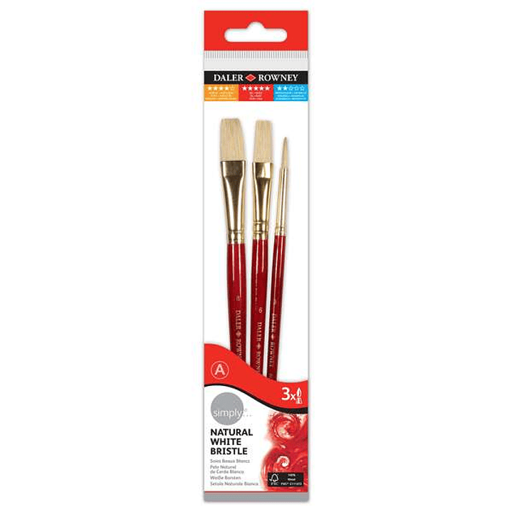 Daler Rowney Simply Pack de 3 Pinceles de Pelo Natural T-2 - Cerda Blanca - Diseño Ergonomico - Color Marron 1