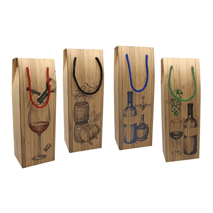 Bismark Caja/Bolsa de Carton con Asa para Botellas - Acabado Efecto Madera - Medidas 12,5x10x36cm - 4 Diseños Surtidos 1