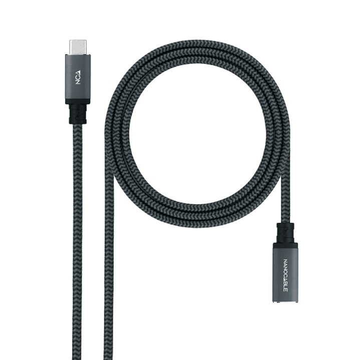 Nanocable Cable Prolongador USB-C 3.2 Macho a USB-C 3.2 Hembra - Gen2x2 20Gbp - 100W 5A - 4K 60Hz - 0.5 Metros - Mallado - Color Negro 1