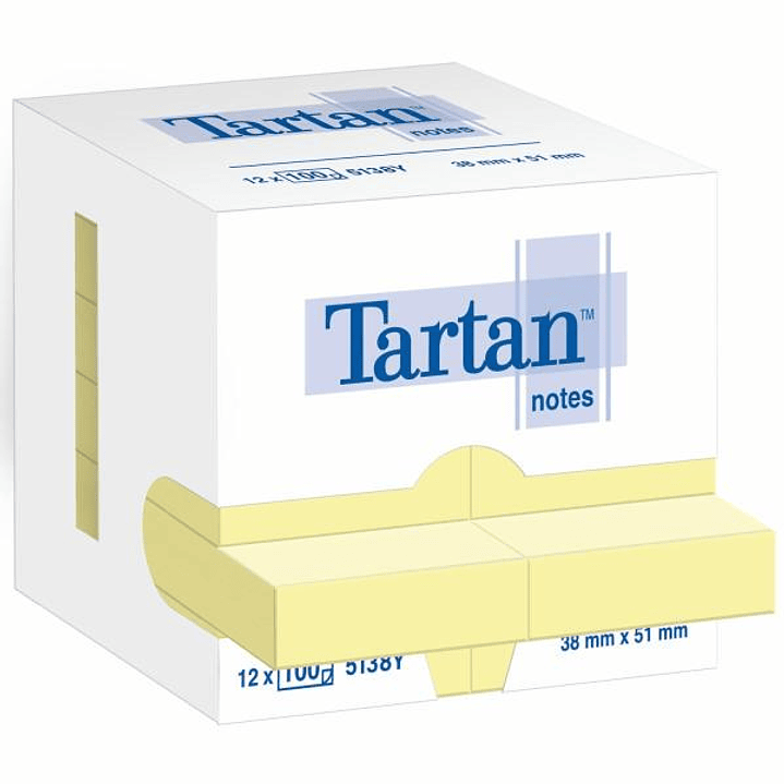 Tartan Pack de 12 Blocs de 100 Notas Adhesivas Reposicionables 51x38mm - 100% PEFC - Color Amarillo Claro 1