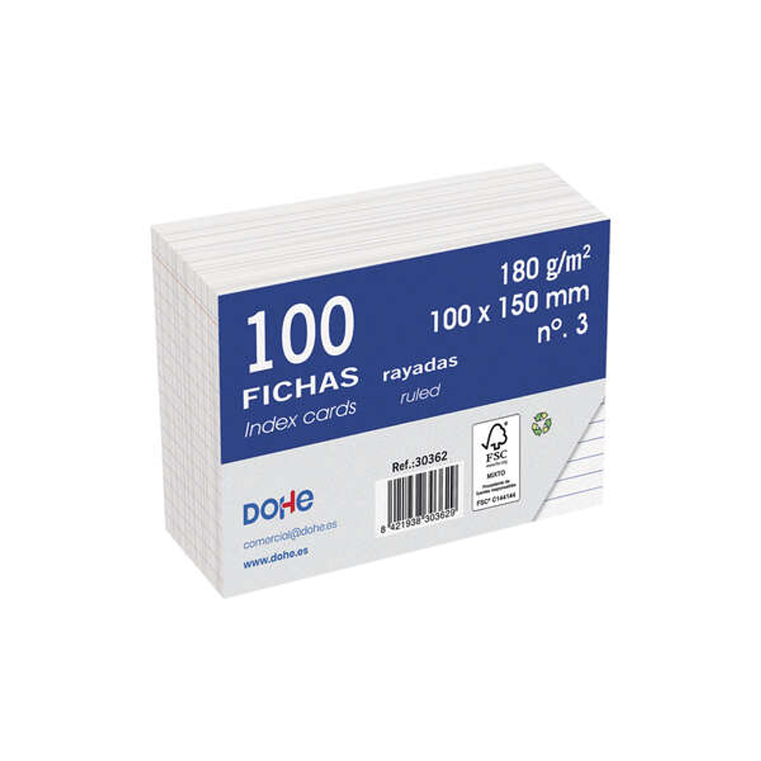 Dohe Fichas de Cartulina Offset Blanca - 180g - Rayadas - Paquete de 100 Unidades 1