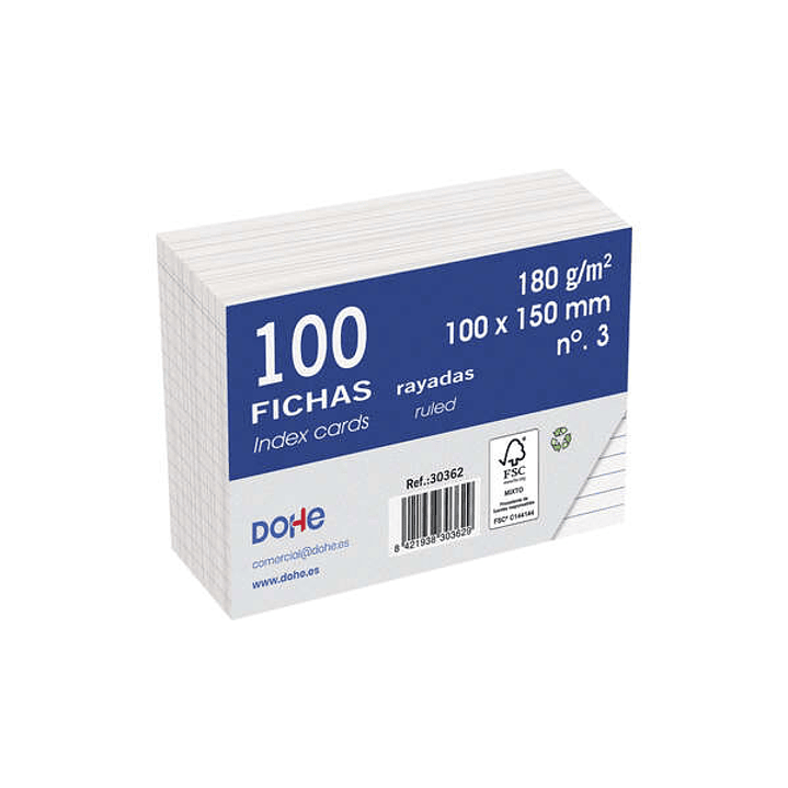 Dohe Fichas de Cartulina Offset Blanca - 180g - Rayadas - Paquete de 100 Unidades 1