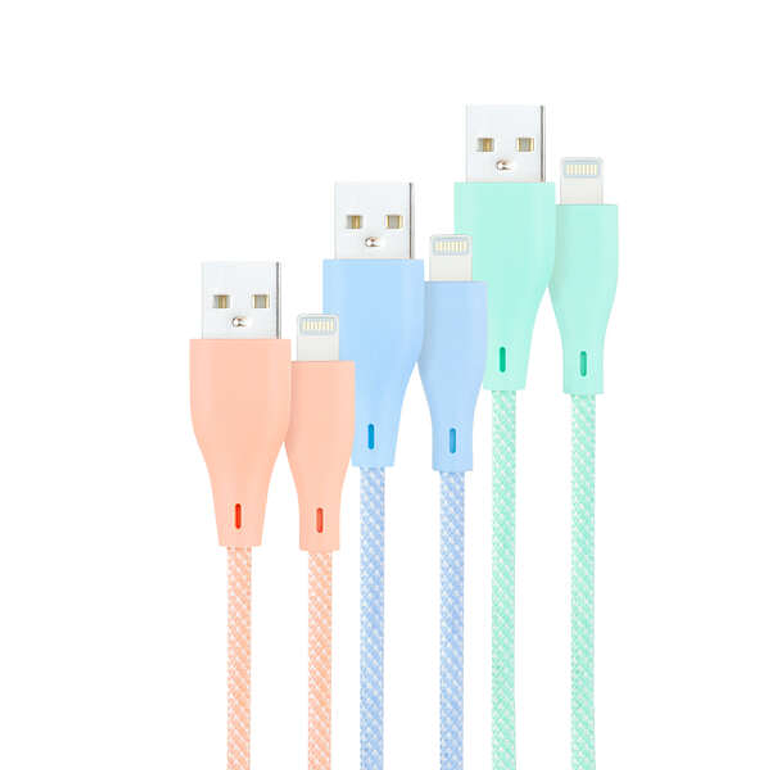Nanocable Pack de 3 Cables Mallados USB-A Macho a Lightning Macho - Longitud 1m - Colores Pastel Rosa, Verde y Azul 1