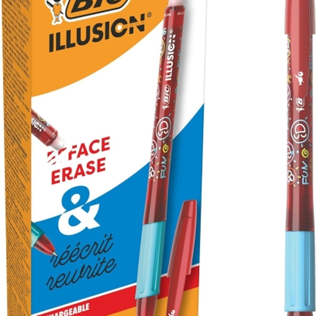 Bic Illusions Boligrafo Borrable - Punta Media de 0.7mm - Grip de Goma - Recargable - Color Rojo 1