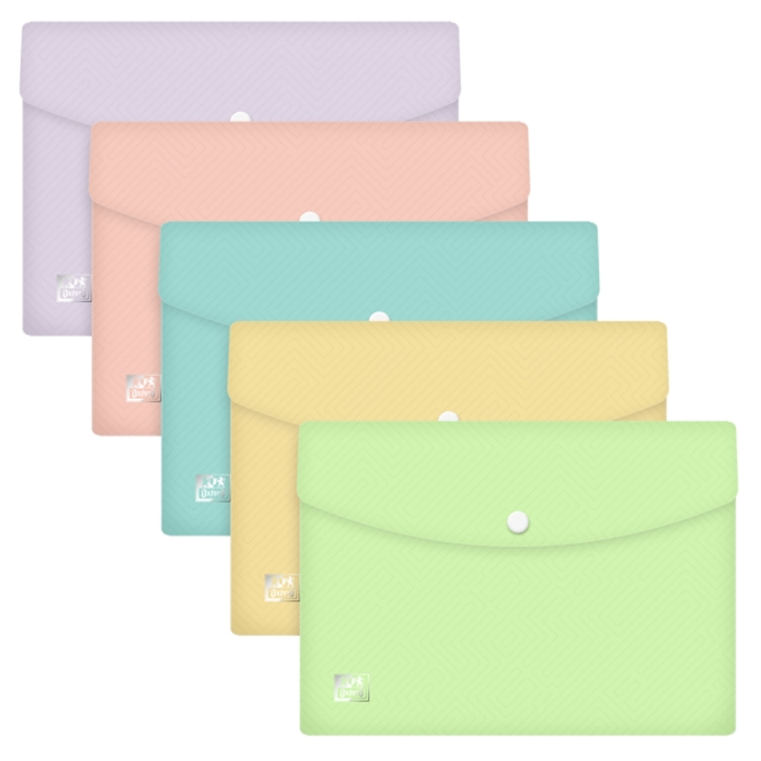 Oxford Urban A5 Sobre Portadocumentos de Plastico Rigido Translucido A5 - Capacidad hasta 40 Hojas - Cierre de Broche - Colores Pastel Surtidos 1
