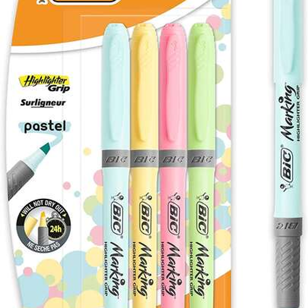 Bic Highlighter Grip Pack de 4 Marcadores Fluorescentes Pastel - Tinta con Base de Agua - Punta Biselada - Trazo entre 1.60 y 3.30mm - Colores Surtido 1