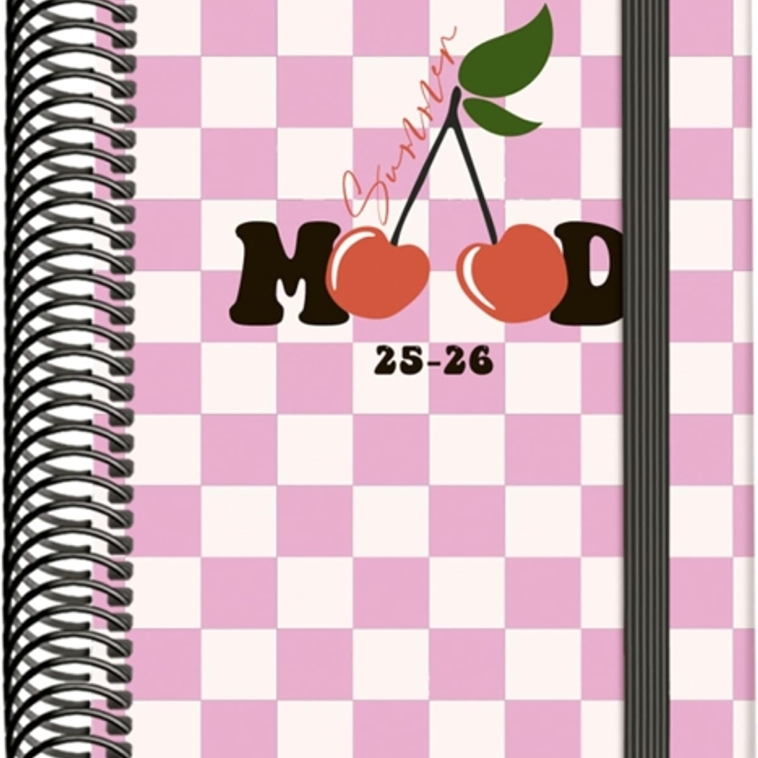 Dohe Cherry Agenda Escolar 25/26 Espiral A6 - Dia Pagina - Papel 70g/m2 - 4 Hojas de Pegatinas - Cubierta de Carton Plastificado - Cierre con Goma Ela 1
