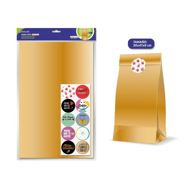 Bismark Pack de 10 Sobres Papel Kraft 50grs con 10 Pegatinas para Cierre - Medidas 30x47x8cm - Ideal para Regalos - Color Oro 1