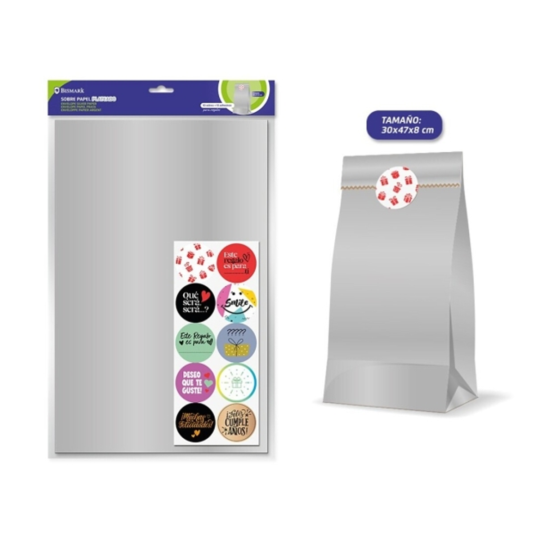 Bismark Pack de 10 Sobres Papel Kraft 50grs con 10 Pegatinas para Cierre - Medidas 30x47x8cm - Ideal para Regalos - Color Plata 1