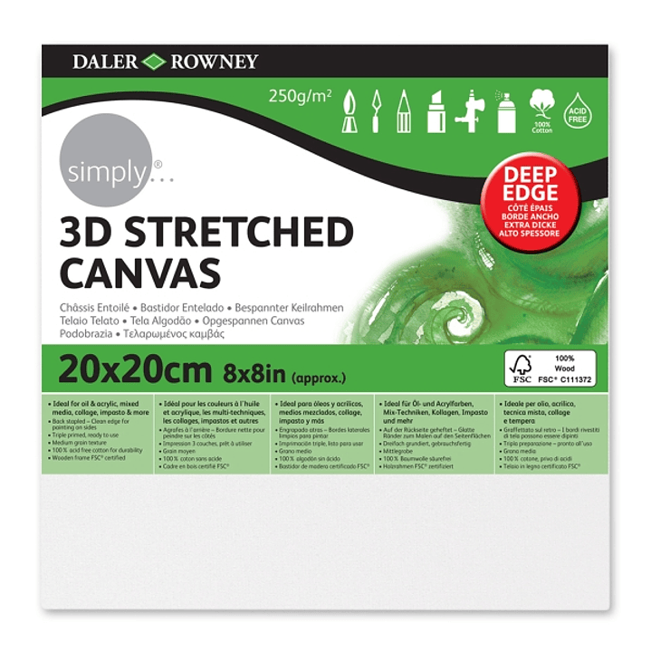 Daler Rowney Simply Bastidor Entelado 3D - 20x20cm - Imprimacion Triple - Grano Medio - 100% Algodon sin Acido - 250g - Color Blanco 1