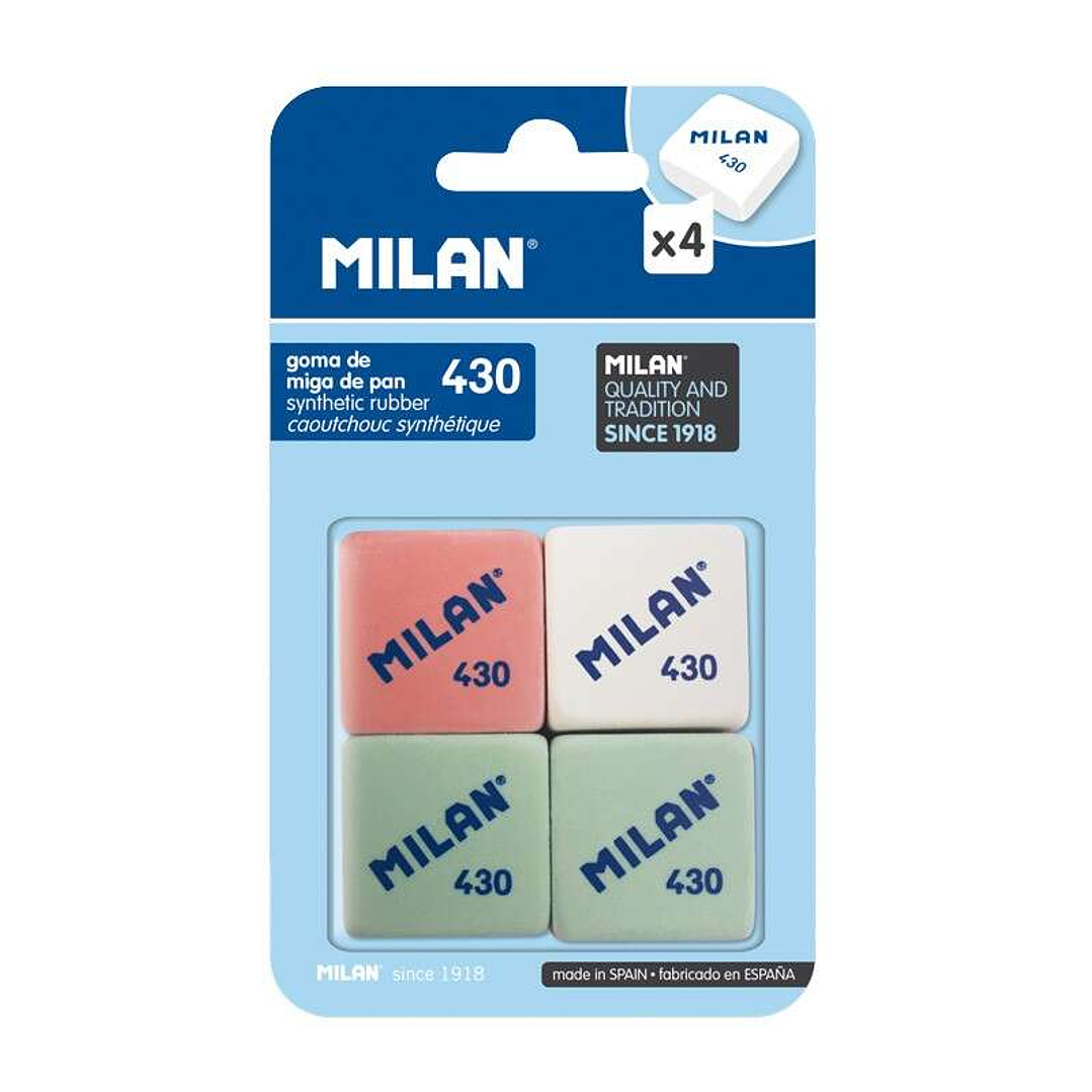 Milan 430 Pack de 4 Gomas de Borrar Cuadradas - Miga de Pan - Suave Caucho Sintetico - Colores Surtidos 1