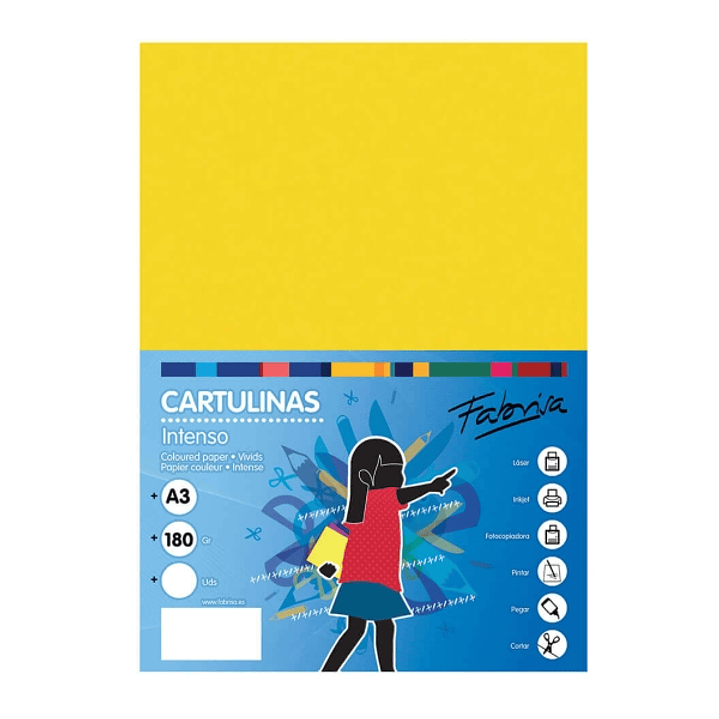 Fabrisa Pack de 25 Cartulinas 180 g/m² - Tamaño A3 - Color Amarillo Fuerte 1