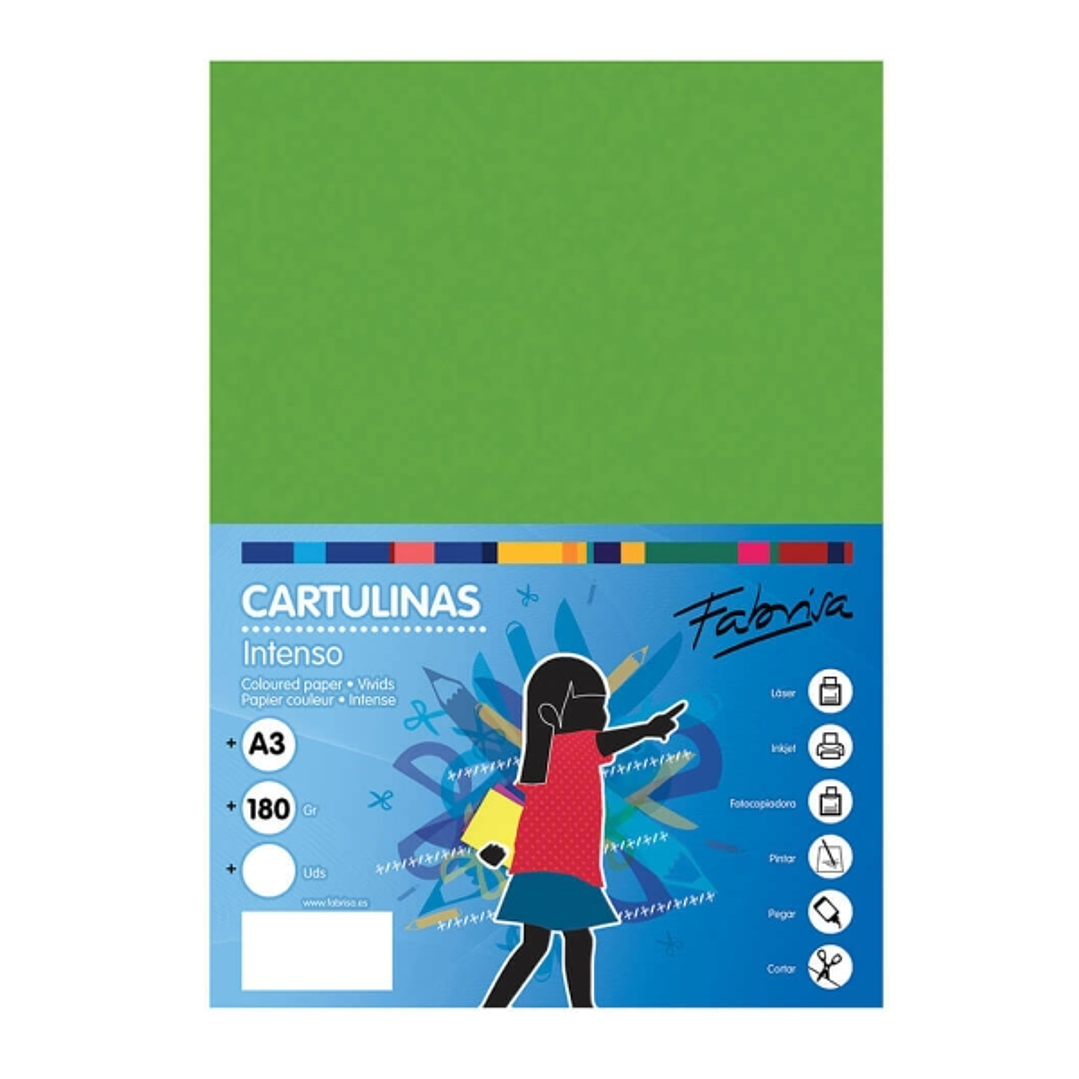 Fabrisa Pack de 25 Cartulinas 180 g/m² - Tamaño A3 - Color Verde Fuerte 1