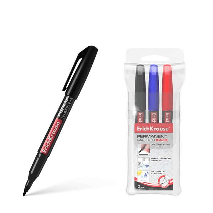 Erichkrause Pack de 3 Marcadores Permanente P-70 - Punta de Bala de 1.0mm - Resistente al Agua y a La Luz - Negro, Azul, Rojo (Pouch 3 Pcs.) 1