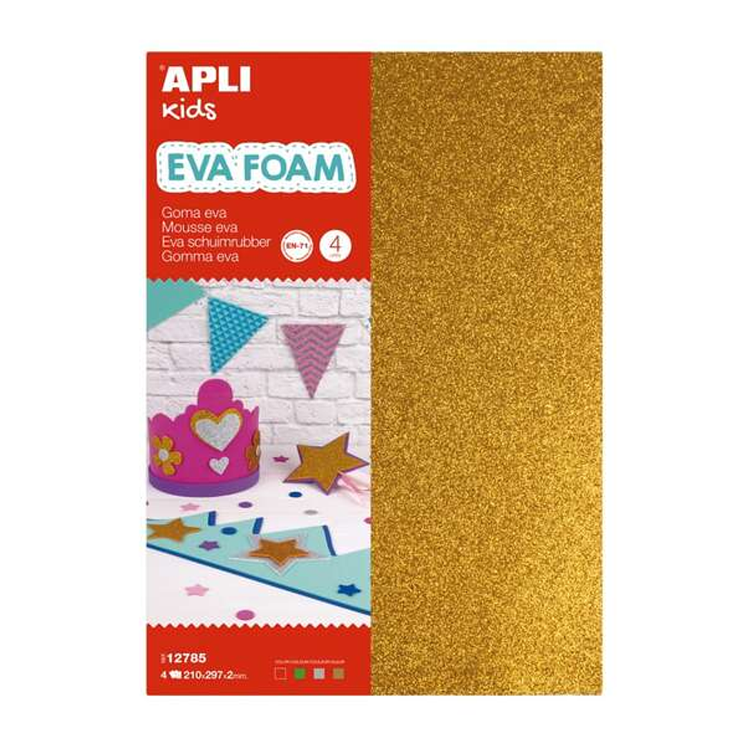 Apli Pack de 4 Planchas de Goma Eva Purpurina A4 - Grosor 2 mm - Impremeable - Moldeable al Calor - Colores Oro, Plata, Rojo y Verde 1