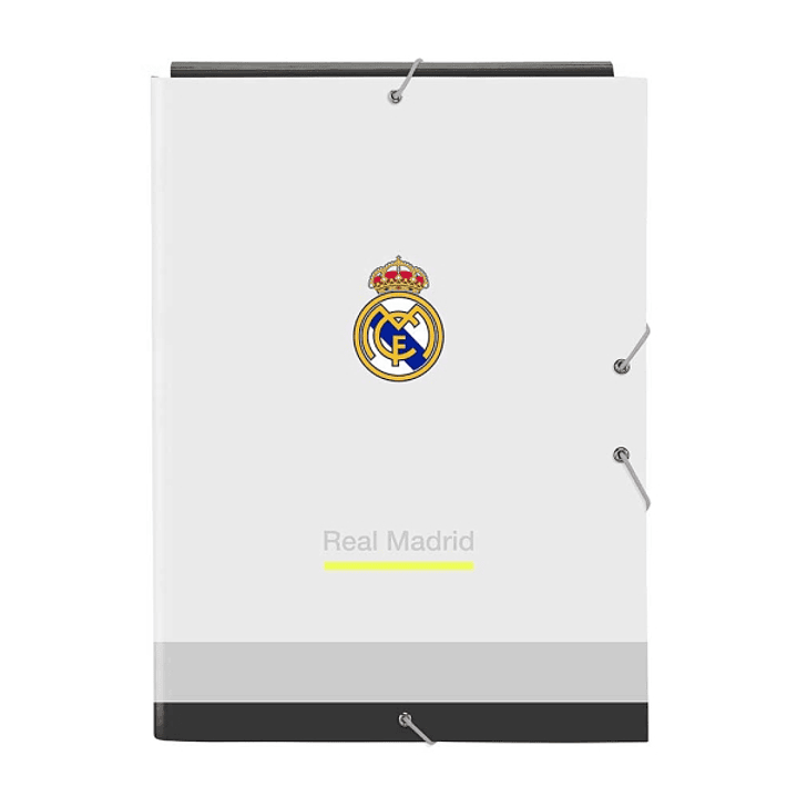 Safta Real Madrid Carpeta 3 Solapas - Tapas Duras Forradas - Cierre con Gomas Elasticas - Formato Folio - 26x33.5x2.5cm - Color Blanco y Negro 1