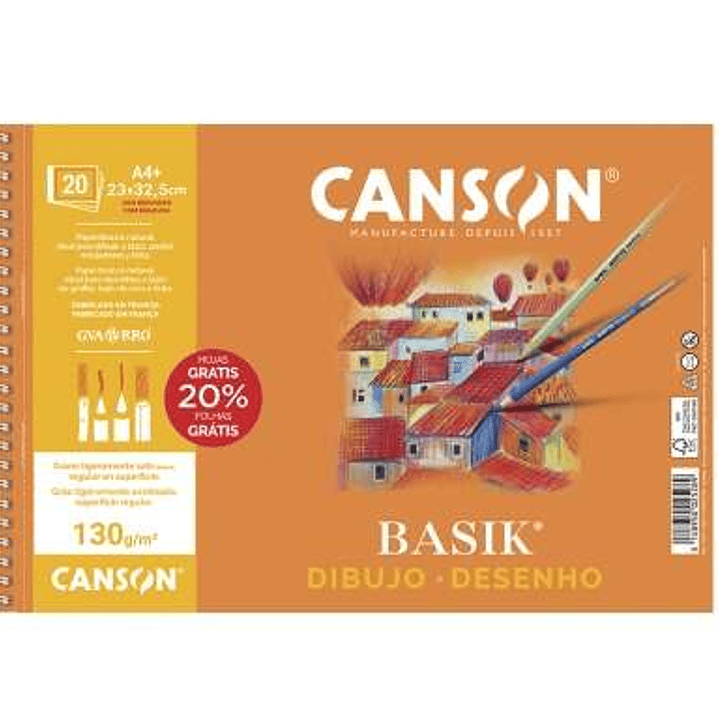 Canson Basik Cuaderno de Dibujo A4+ 20 Hojas Microperforadas 130g/m² - Sin Recuadro - Medidas 23x32.5cm - Color Blanco 1