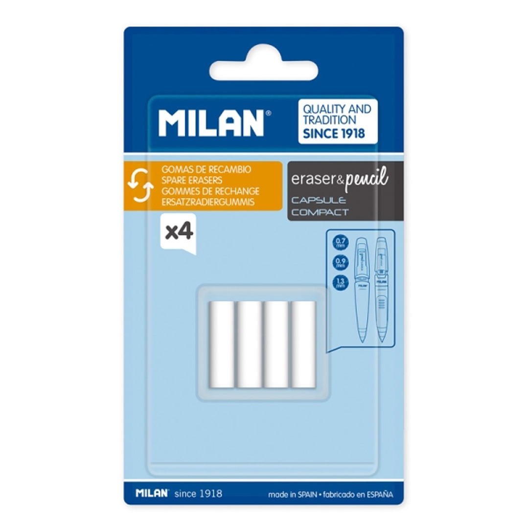 Milan Pack de 4 Gomas de Recambio para Portaminas - Compatible con Capsule y Compact - Color Blanco 1
