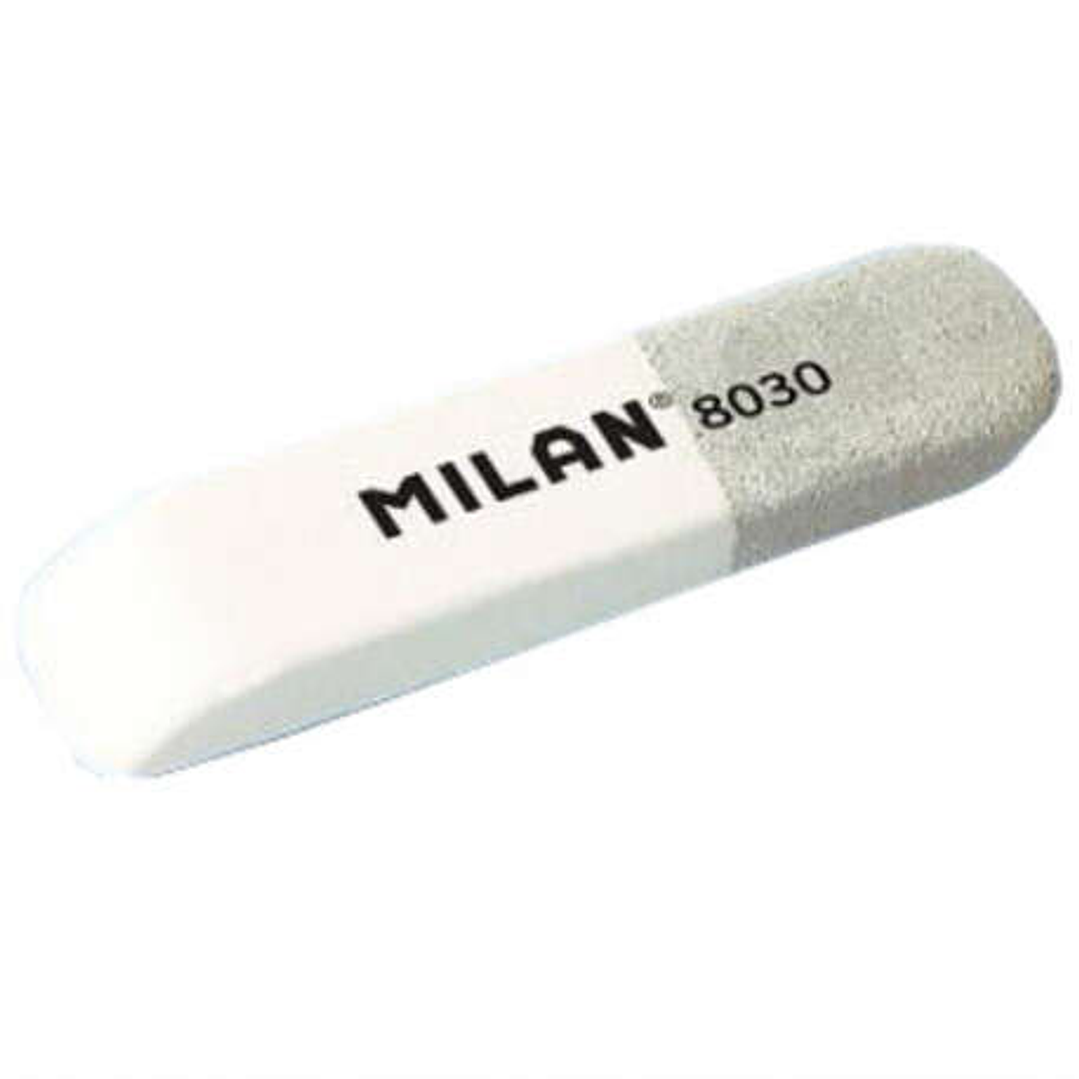 Milan 8030 Goma de Borrar Biselada - Doble Uso - Flexible - Miga de Pan - Caucho - Color Blanco/Gris 1