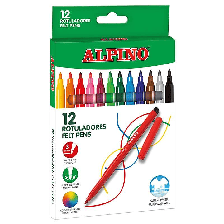 Alpino Pack de 12 Rotuladores Escolares - Punta Fina de 3mm - Superlavables y Brillantes - Ideal para Creatividad y Manualidades - Colores Surtidos 1