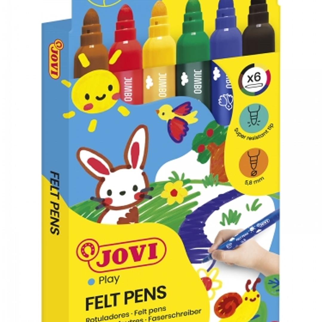Jovi Felt Pens Estuche de 6 Rotuladores Jumbo - Tinta de Gran Fijacion - Punta Resistente - Grip Ergonomico - Capuchon Ventilado - Trazo Homogeneo - C 1