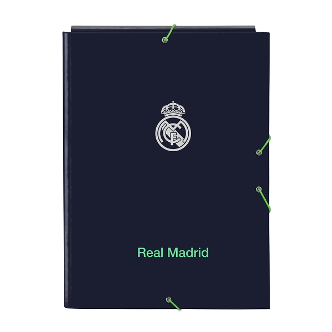Safta Real Madrid 2ª Equipacion 25/26 Carpeta con 3 Solapas - Tapas Duras Forradas - Cierre con Gomas - Estilo Deportivo - 260x335mm - Color Azul Mari 1