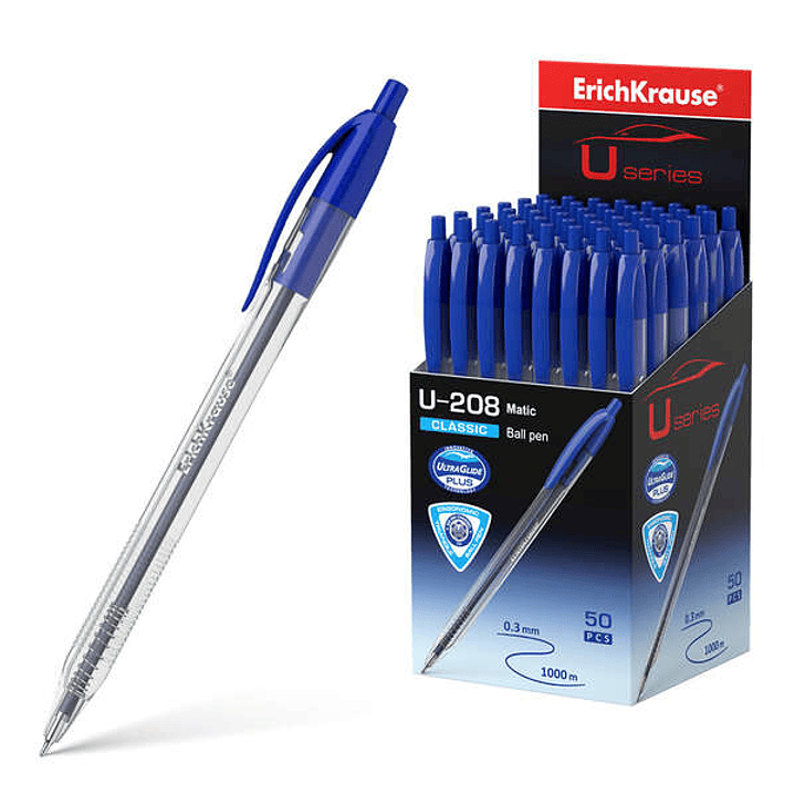 Erichkrause Boligrafo Automatico U-208 Classic Matic - Ultra Glide Technology - Cuerpo Transparente con Grip - Color Azul 1