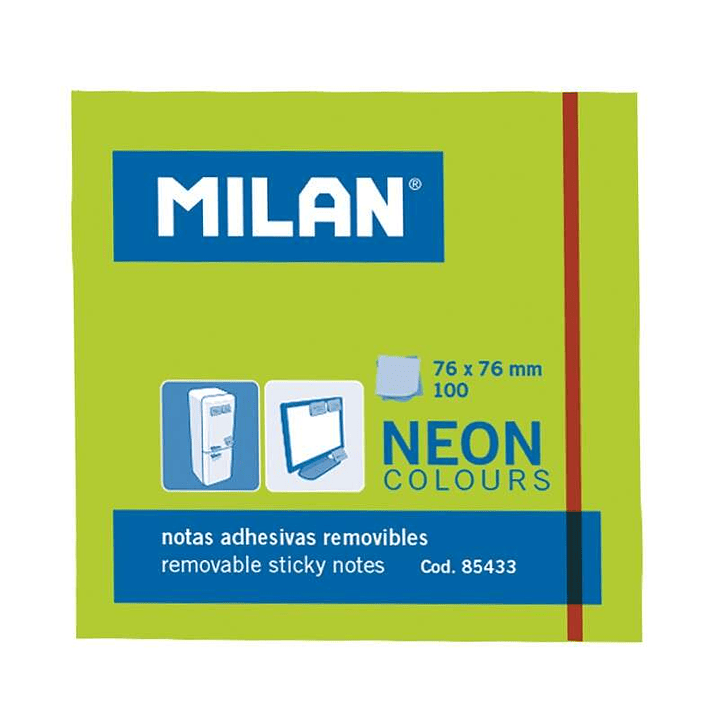 Milan Bloc de 100 Notas Adhesivas - Removibles - 76mm x 76mm - Color Verde Neon 1