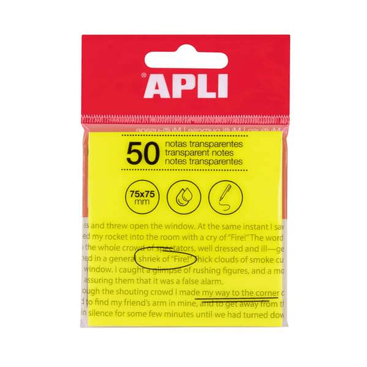 Apli Notas Adhesivas Transparentes Bloc 50 Hojas 75x75mm - Para Anotar sin Perder la Visibilidad del Texto o la Imagen - Resistentes al Agua - Color A 1